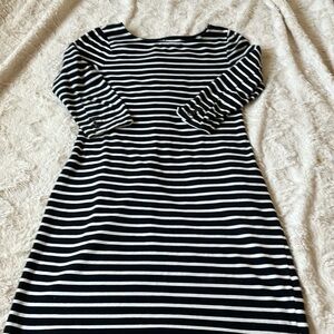 Old Navy Black And White Striped 3/4 Sleeve Midi Stretchy Dress Size M